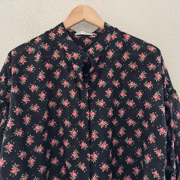Alice + Olivia Paulita Top Med Black Pink Floral Cotton Silk Designer Feminine - Picture 7 of 12